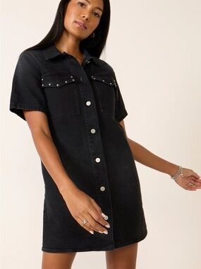 Evereve Black Denim Button-Front Short Sleeve Dress